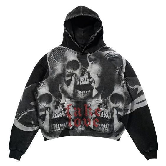 Unisex Skull Print Hooded Sweatshirt