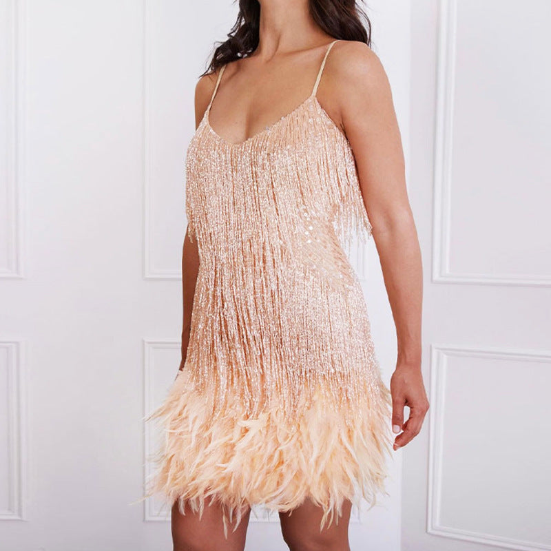 Tassel Sequins Feather Stitching Dress