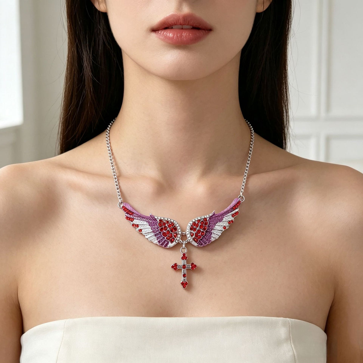 Angel Wings Cross Pendant Necklace Diamond Encrusted Clavicle Chain