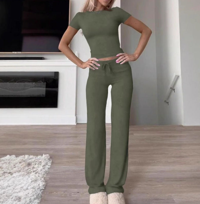 Women Solid Color Casual Long Pants and Short Sleeve Top Two Piece Set