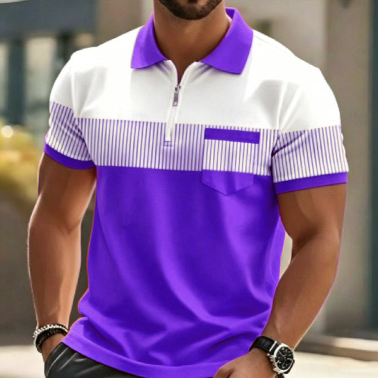Men's 3D Digital Printing Zippered Collar Short Sleeve Shirt