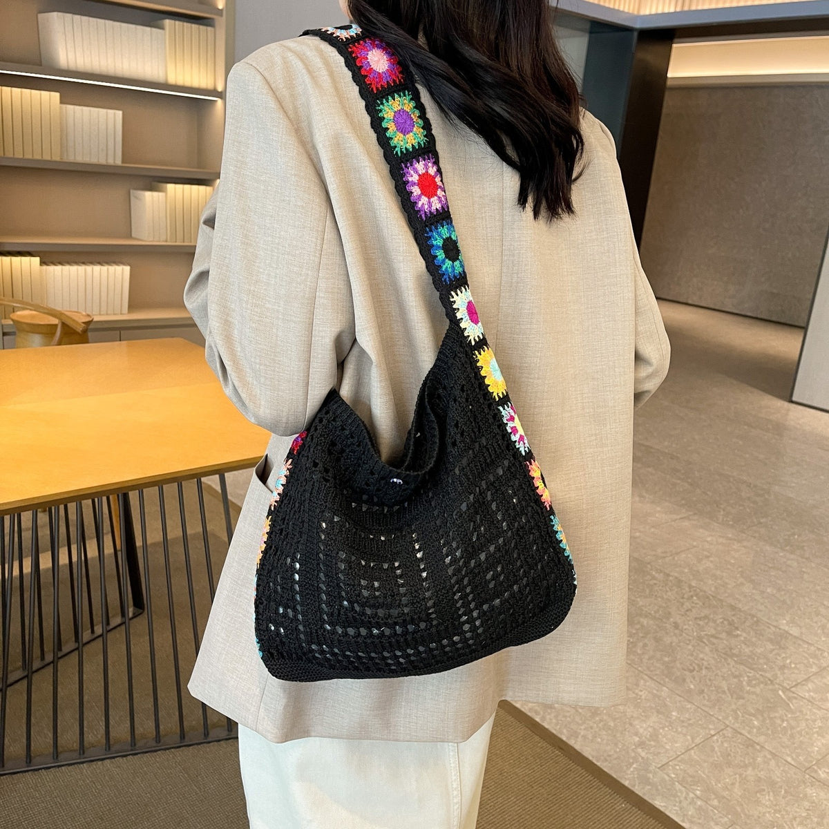 Hollow-Out Floral Knitted Bag