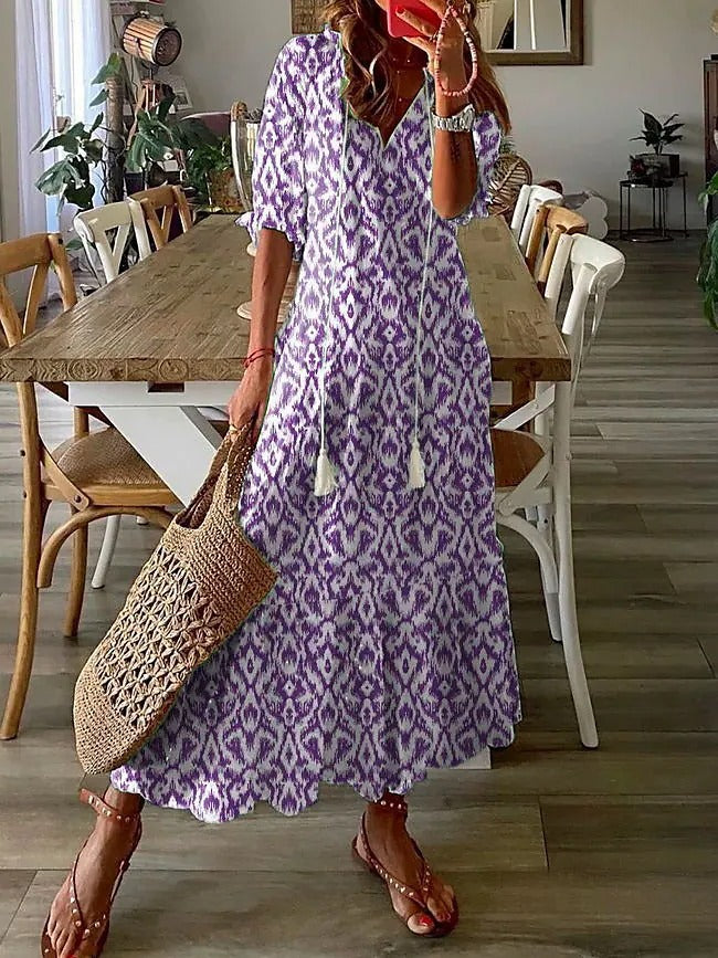 Womens V-Neck Printed Lantern Sleeve Dress