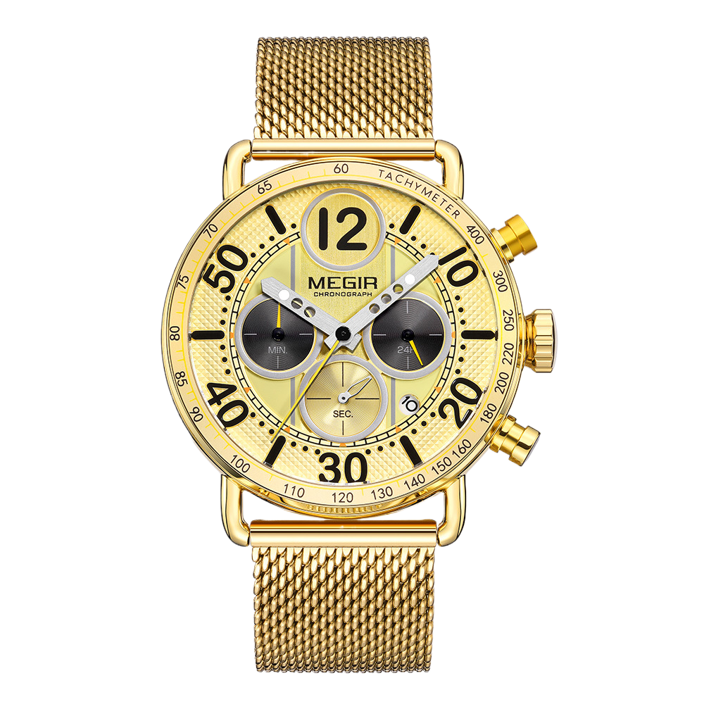 Three-Eye Chronograph Watch with Stainless Steel Mesh Strap