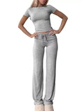 Women Solid Color Casual Long Pants and Short Sleeve Top Two Piece Set