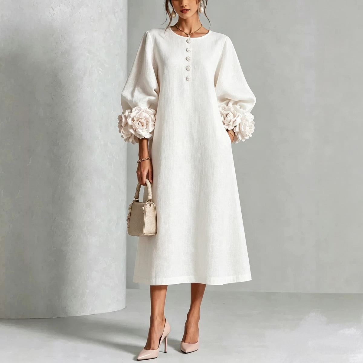 French-style three-dimensional flower lantern-style sleeve cotton and linen mid-length dress