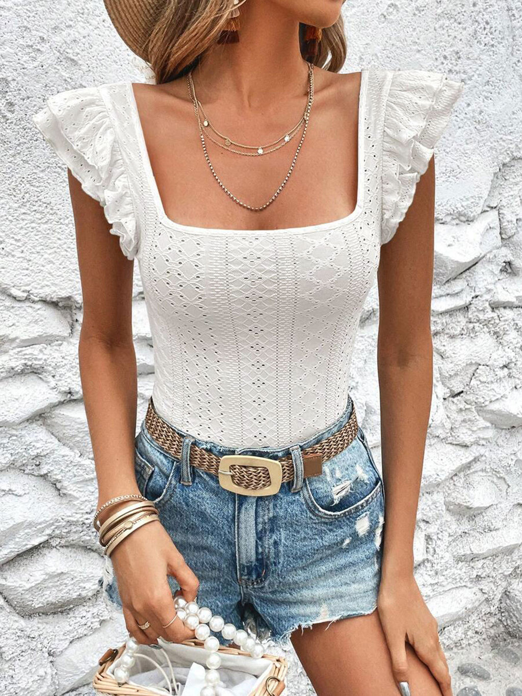 Womens Square Neck Ruffled Slim Fit T-Shirt