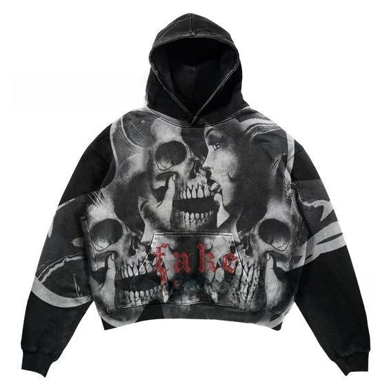 Unisex Skull Print Hooded Sweatshirt