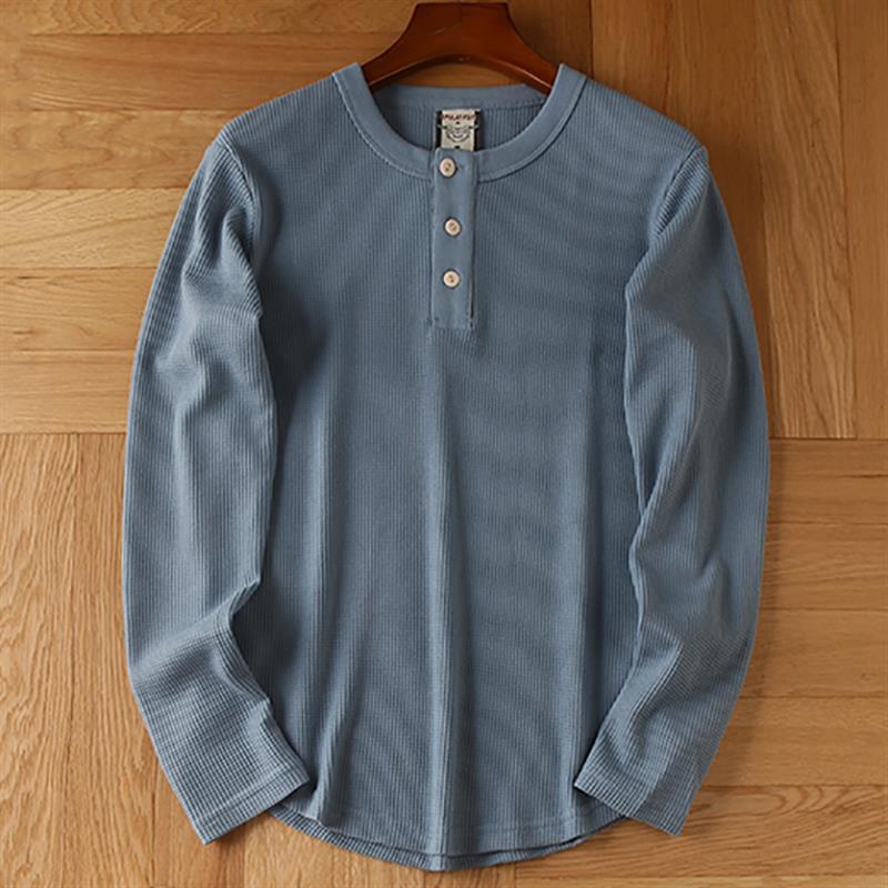 Men's Cotton Waffle Long Sleeve Henry V-Neck T-Shirt