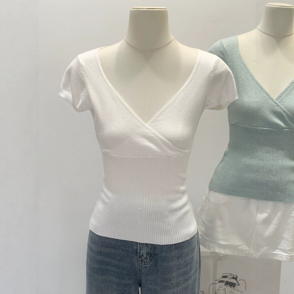 Womens Pure Cotton V-Neck Knitted T-Shirt