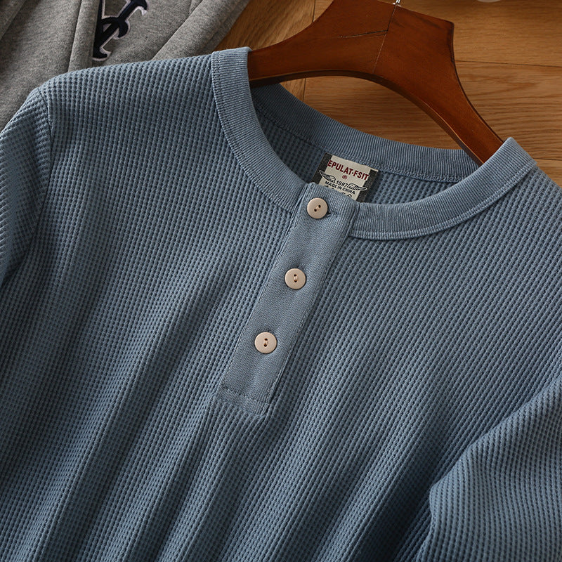 Men's Cotton Waffle Long Sleeve Henry V-Neck T-Shirt