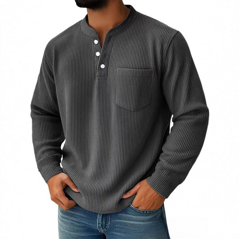 Mens Corduroy Henry Collar Long Sleeve Polo Shirt