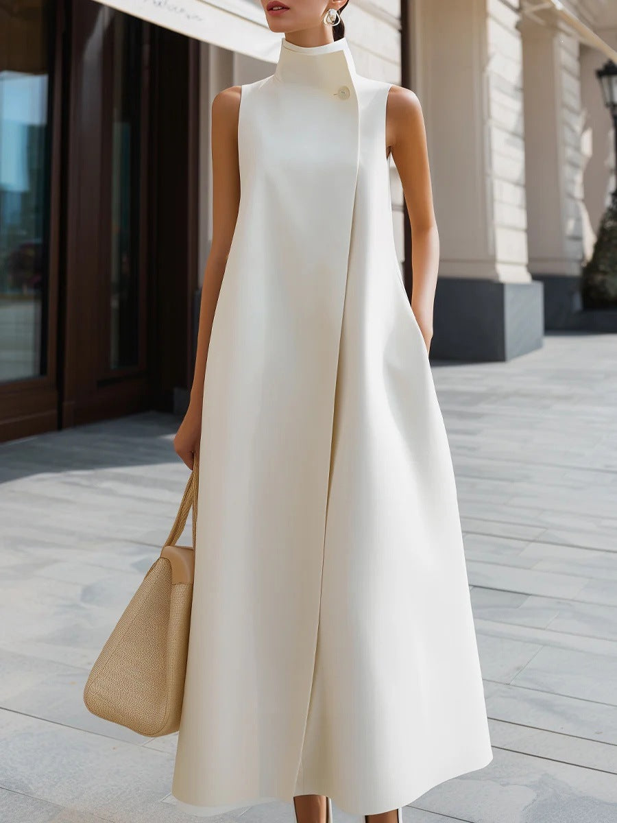Elegant Stand Collar Button Vest Dress