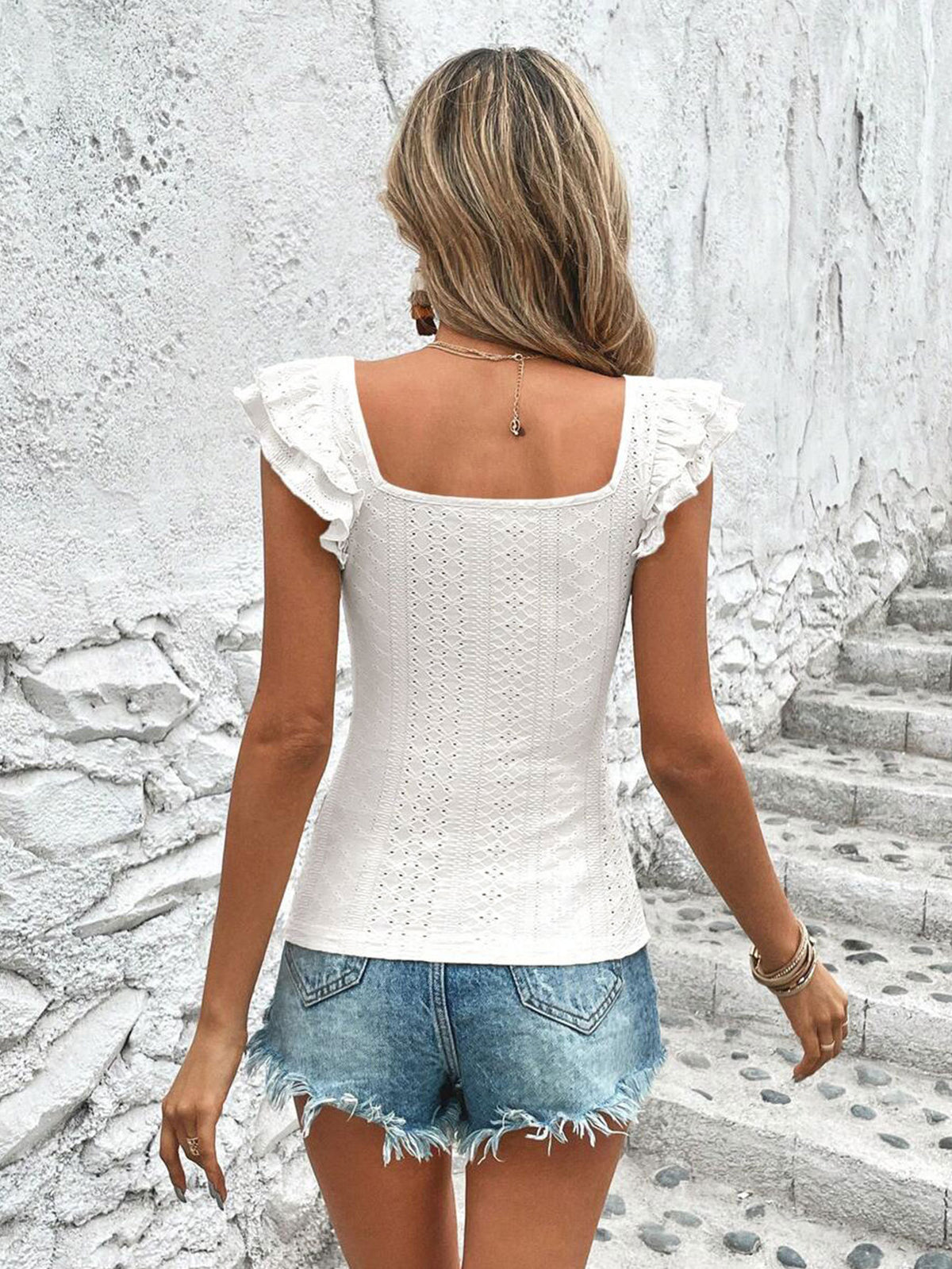 Womens Square Neck Ruffled Slim Fit T-Shirt