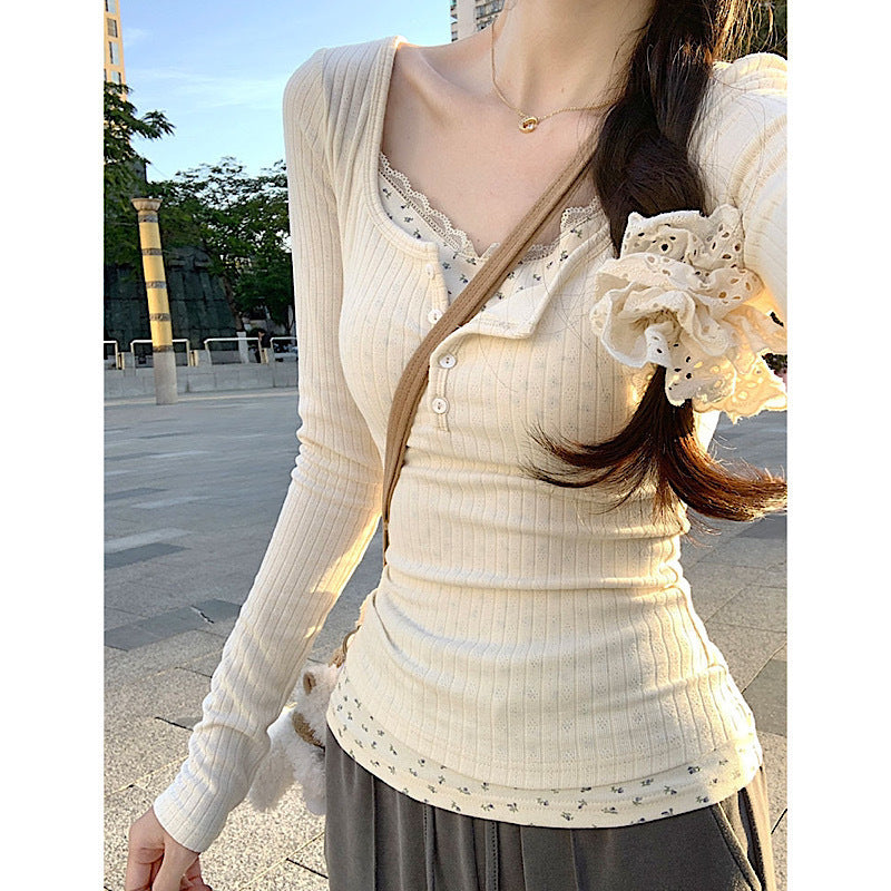 Womens French Style Lace Long Sleeve Top