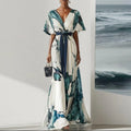 Womens V-Neck Digital Print Drawstring Dress