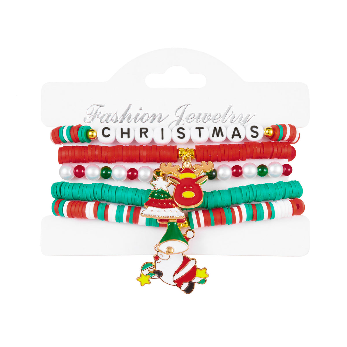 Christmas Series Pearl Soft Clay Rice Bead Bracelet Santa Bell Elk Pendant Bracelet Set