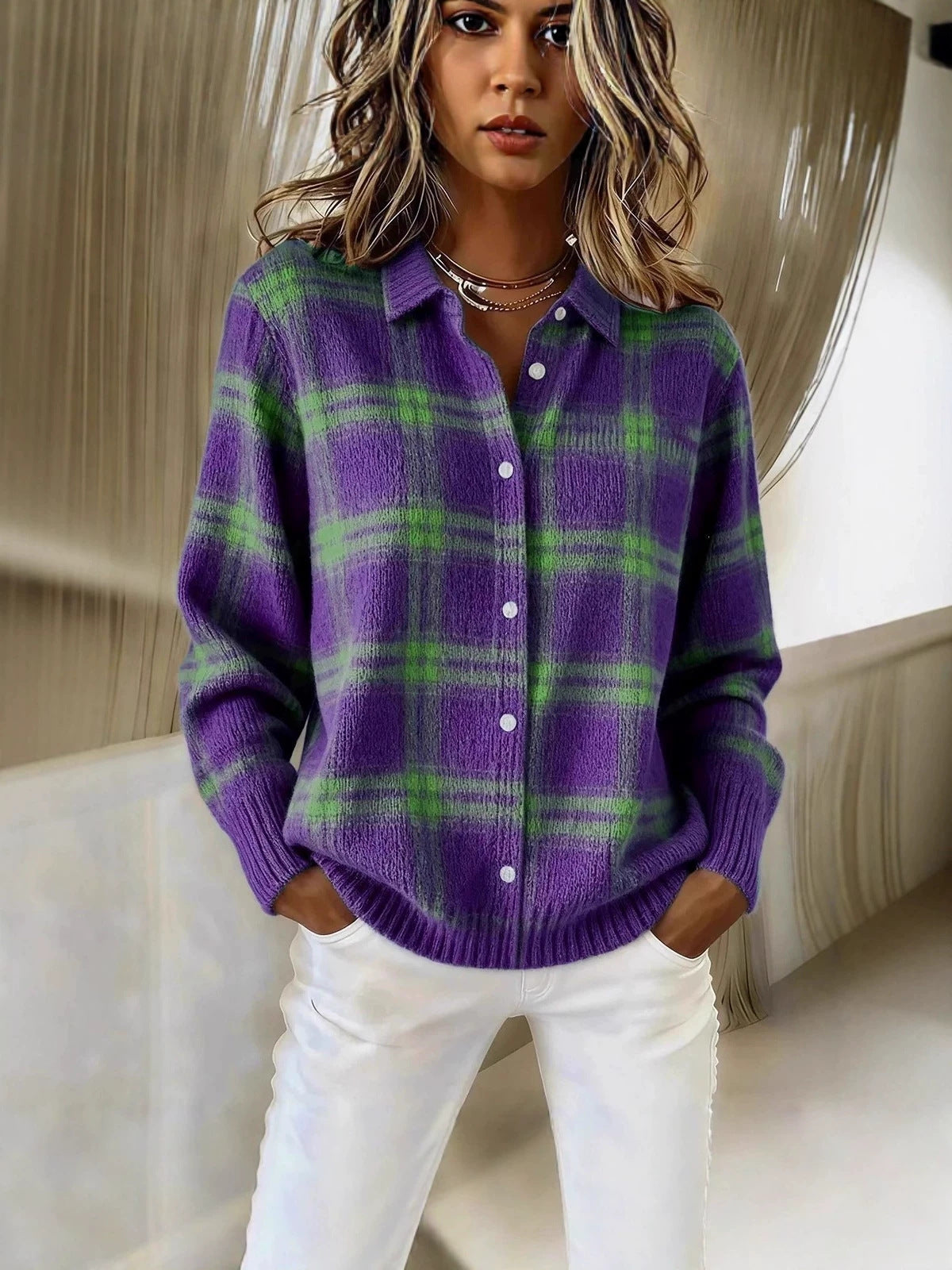 Womens Plaid Long Sleeve Cardigan