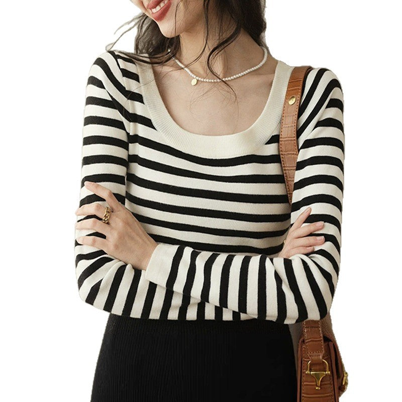 Women's Knitted Stripe Long Sleeve T-Shirt