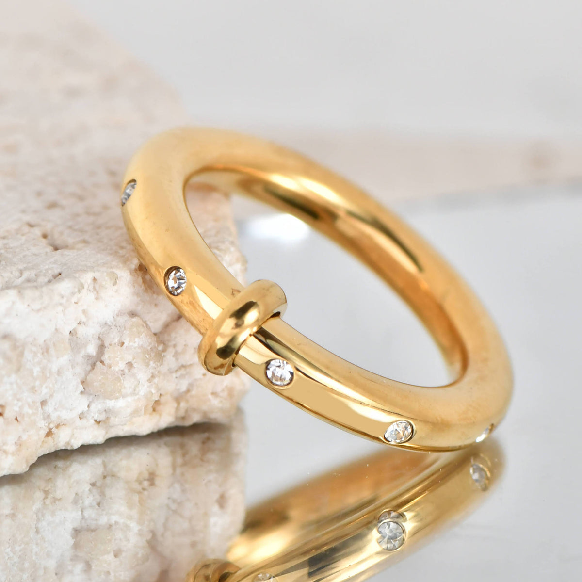 Stainless Steel Rhinestone Geometric Ring