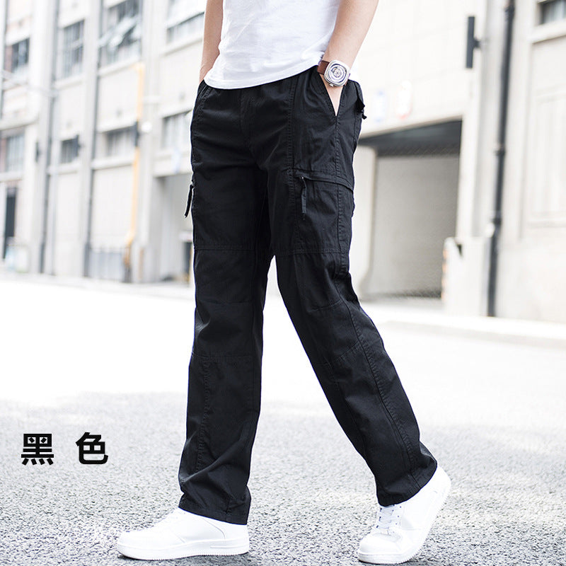 Men's Pure Cotton Loose-Fit Multi-Pocket Cargo Pants Breathable Straight Leg Casual Trousers