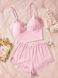 Cross-Border Home Pajamas Camisole Shorts Set Solid Color Patchwork with Chest Pads