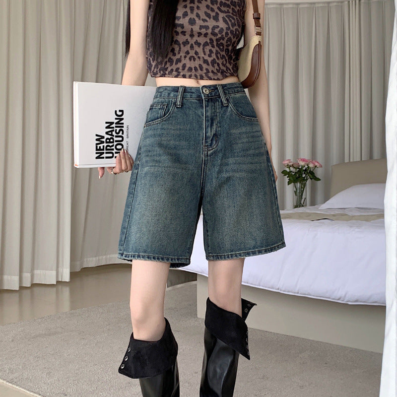 Women's loose washed high-waisted straight-leg denim shorts