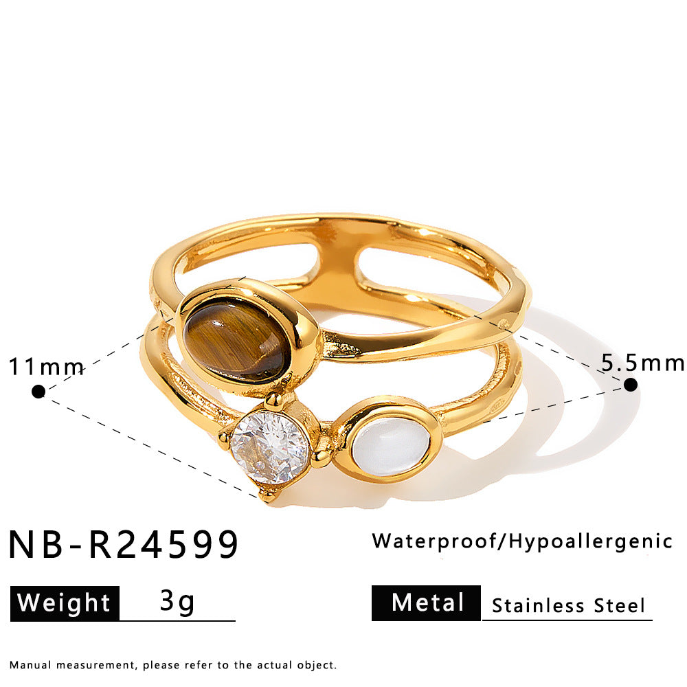 Tiger Eye Stone Stainless Steel Ring with Zircon Inlay for Women
