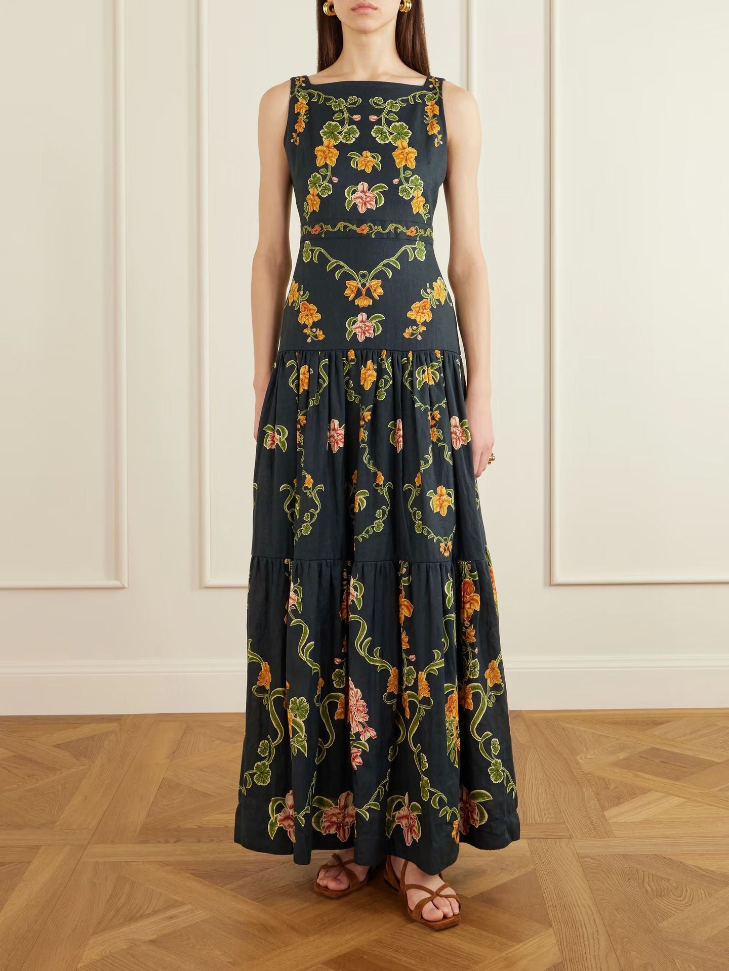 European and American Cross-Border 2026 Aliexpress Amazon Independent Site Elegant Linen Sleeveless Floral Patchwork Flared Dress