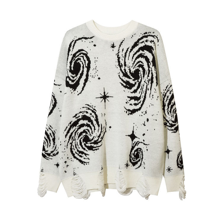 Womens Y2K Vintage Swirl Pattern Printed Loose Ripped Sweater
