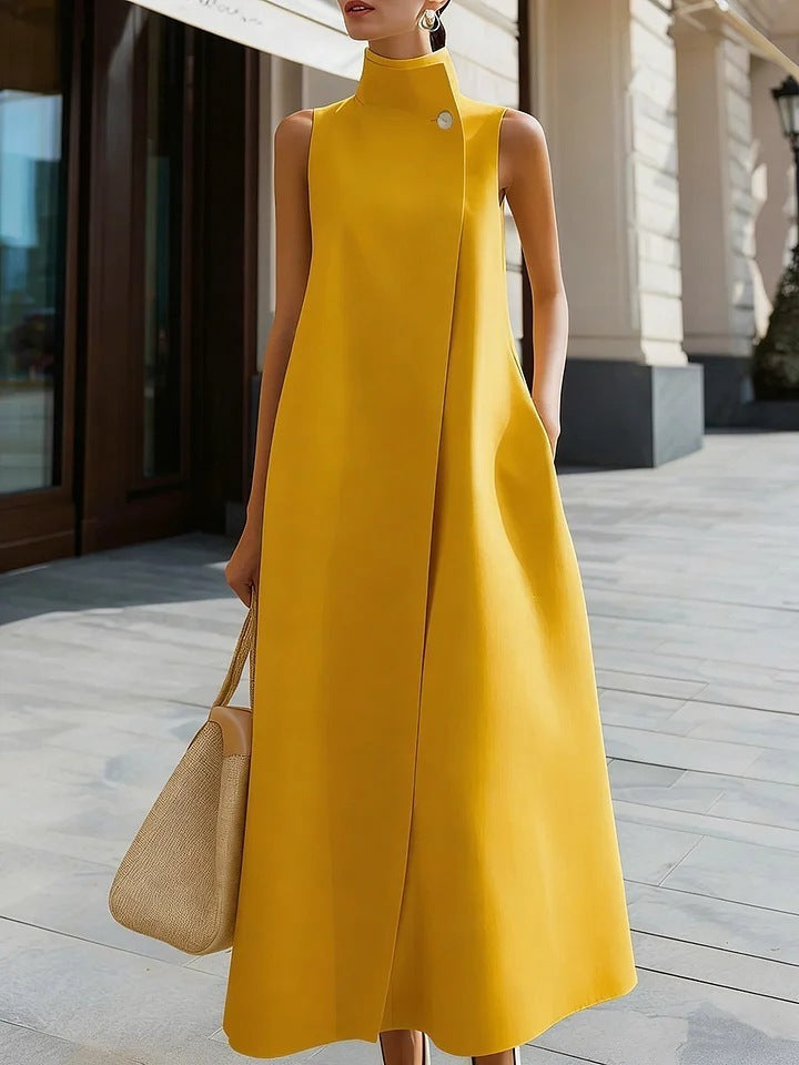Elegant Stand Collar Button Vest Dress