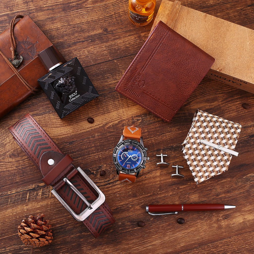 Quartz vintage-style watch strap, wallet, tie, perfume, and cufflinks