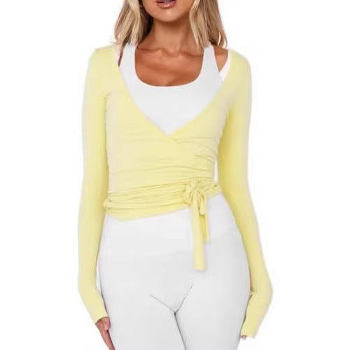 Women's Wrap Lace-Up Top Y2K Long Sleeve Ballet Workout Yoga Shirt