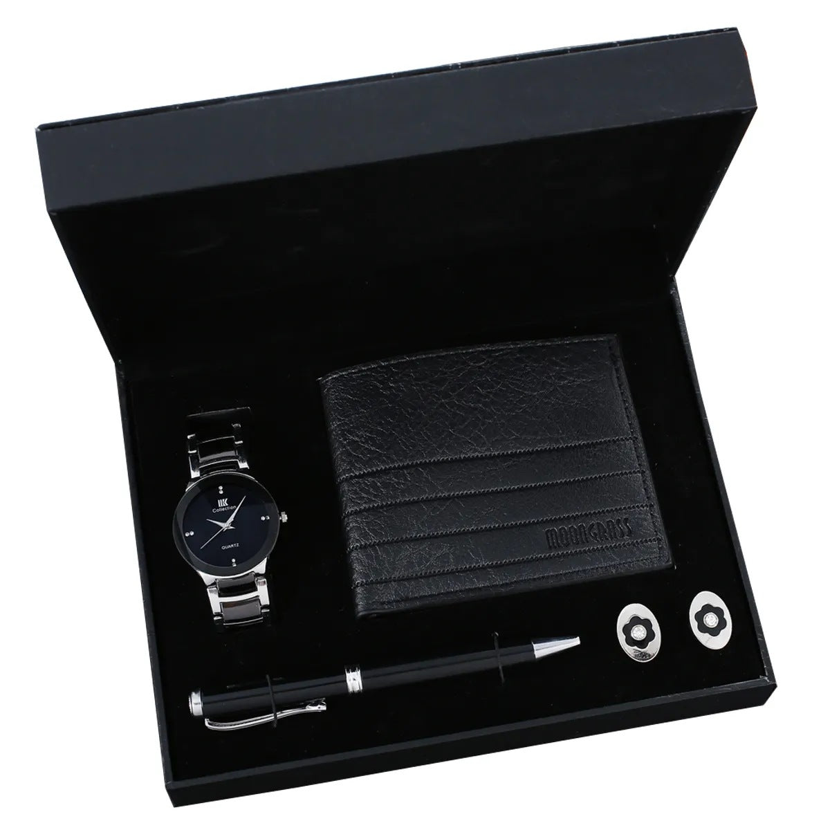 Quartz vintage-style watch strap, wallet, tie, perfume, and cufflinks