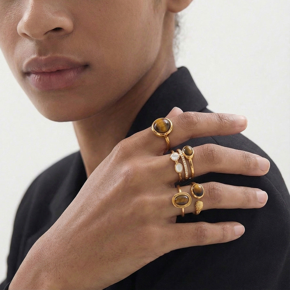 Tiger Eye Stone Stainless Steel Ring with Zircon Inlay for Women