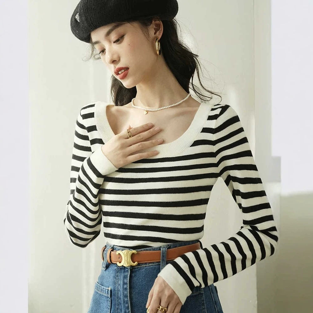Women's Knitted Stripe Long Sleeve T-Shirt