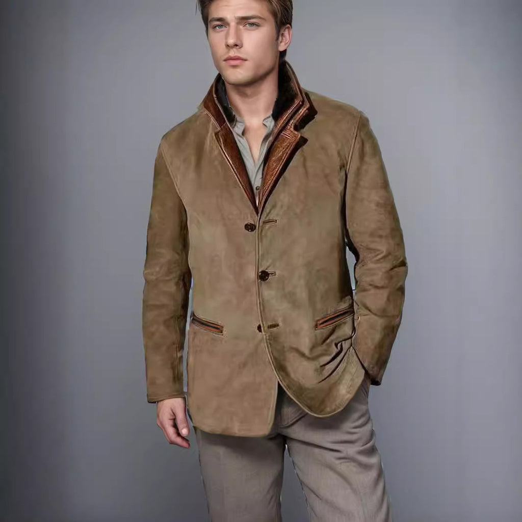Men's Retro Color Block Stitching Casual Jacket Lapel Long Sleeve Outerwear