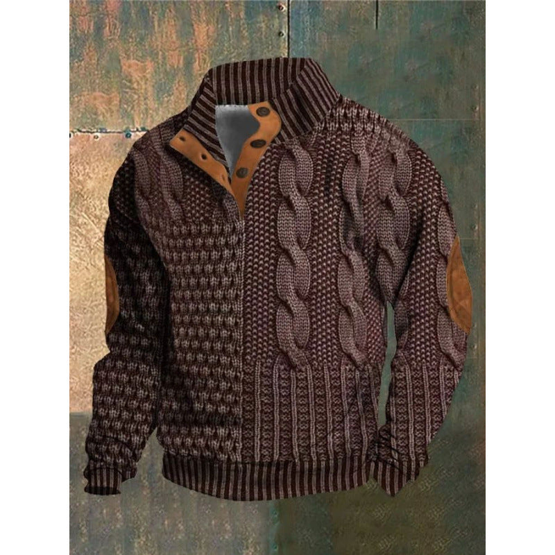 Mens Stand Collar Printed Polo Sweatshirt