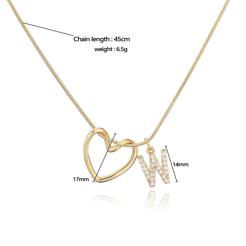 Elegant and versatile copper pendant necklace with zircon-inlaid heart and letter design