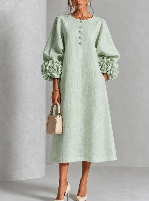 French-style three-dimensional flower lantern-style sleeve cotton and linen mid-length dress