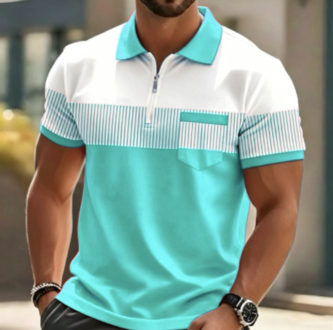 Men's 3D Digital Printing Zippered Collar Short Sleeve Shirt
