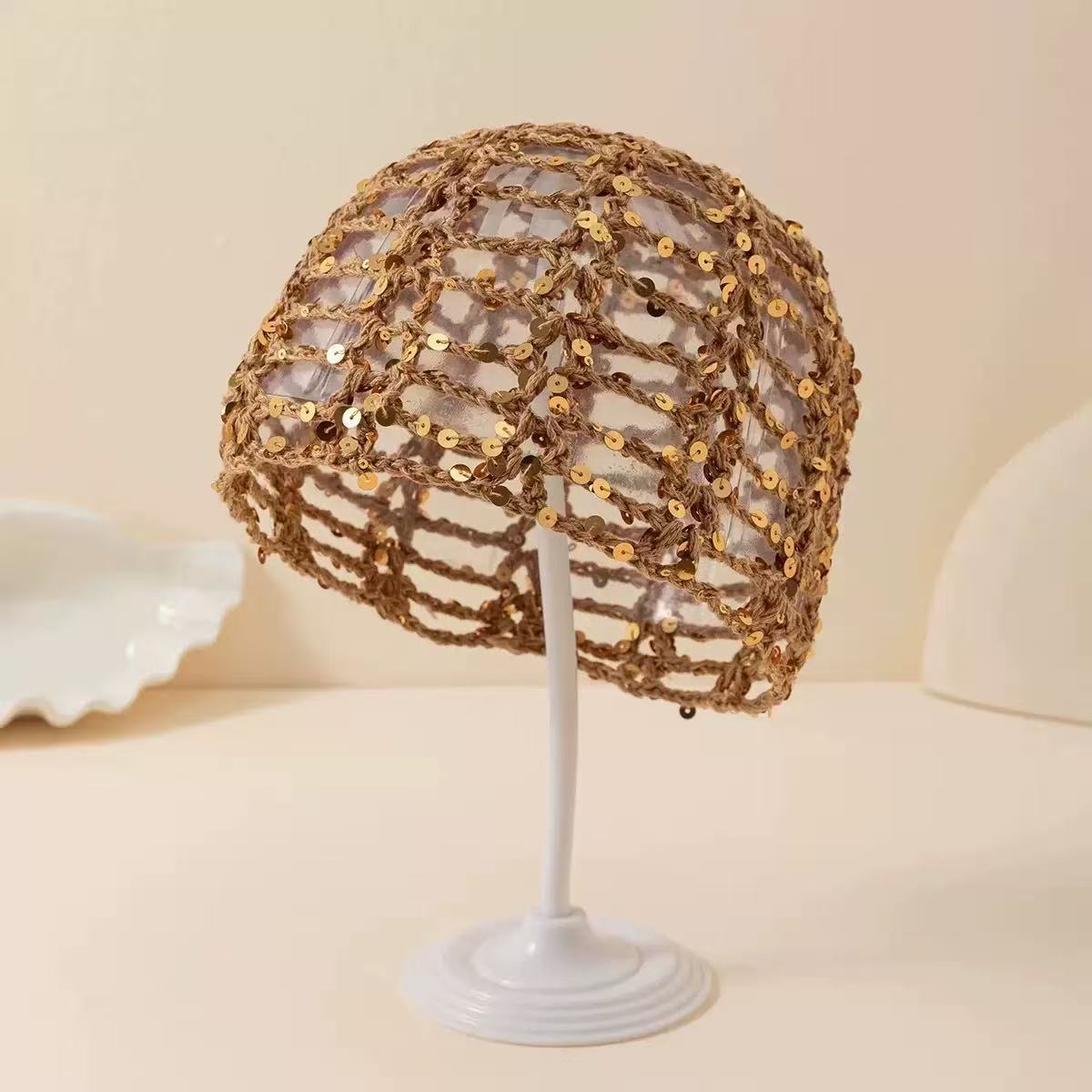 Handmade Knitted Mesh Sequin Headscarf Cap