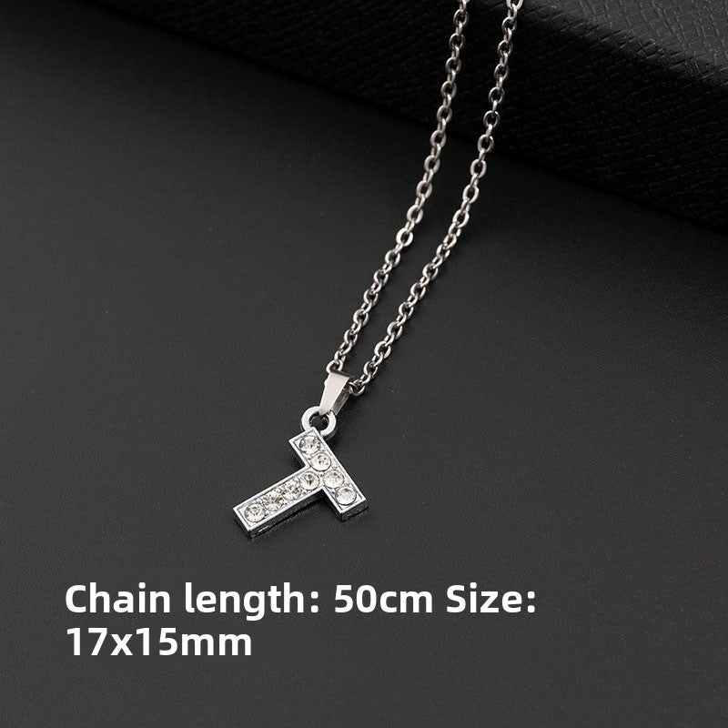 Stainless Steel Letter Pendant Necklace Diamond-Encrusted Women Jewelry