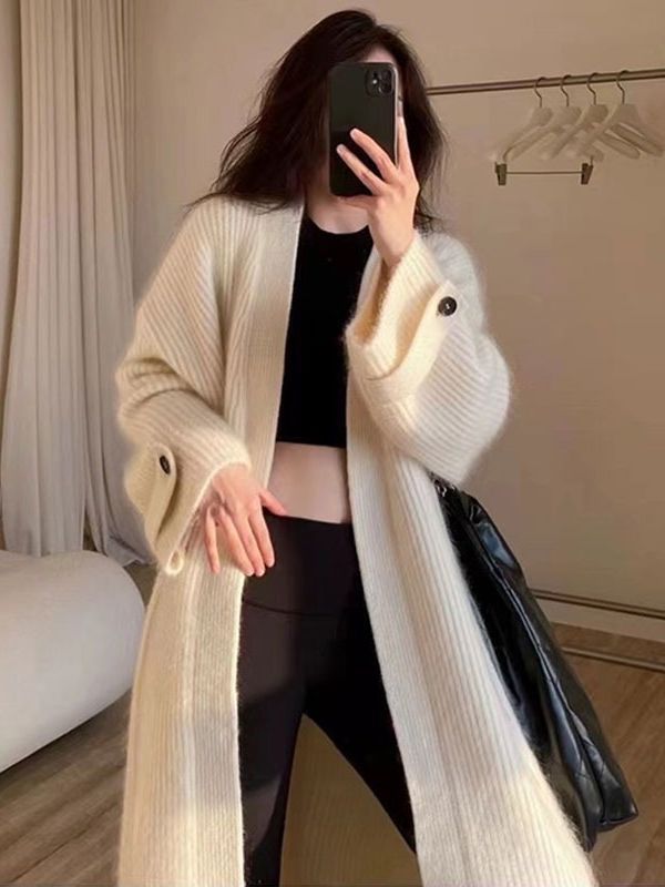 Womens Long Knitted Cardigan with V-Neck