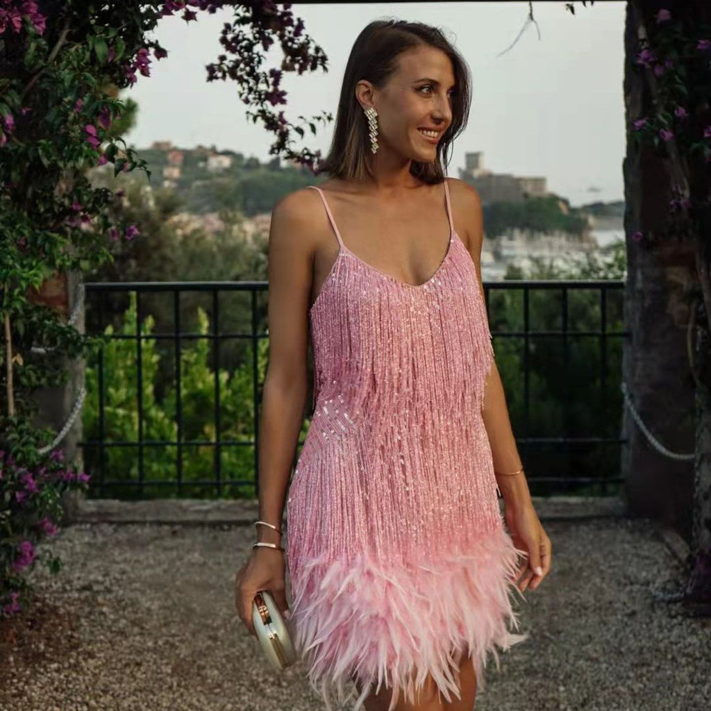 Tassel Sequins Feather Stitching Dress