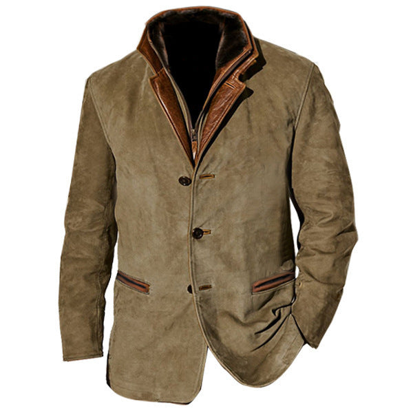 Men's Retro Color Block Stitching Casual Jacket Lapel Long Sleeve Outerwear