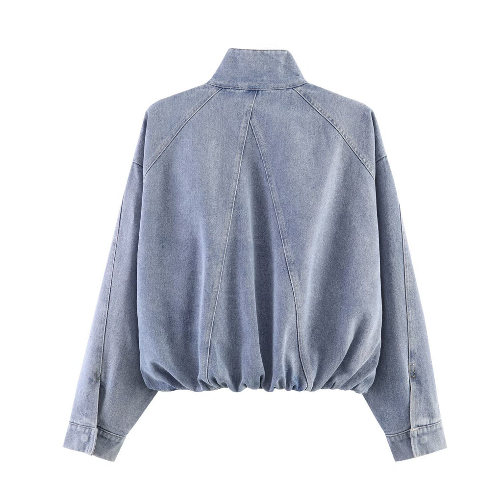 Fashion Versatile  Stand-Collar Denim Bomber Jacket