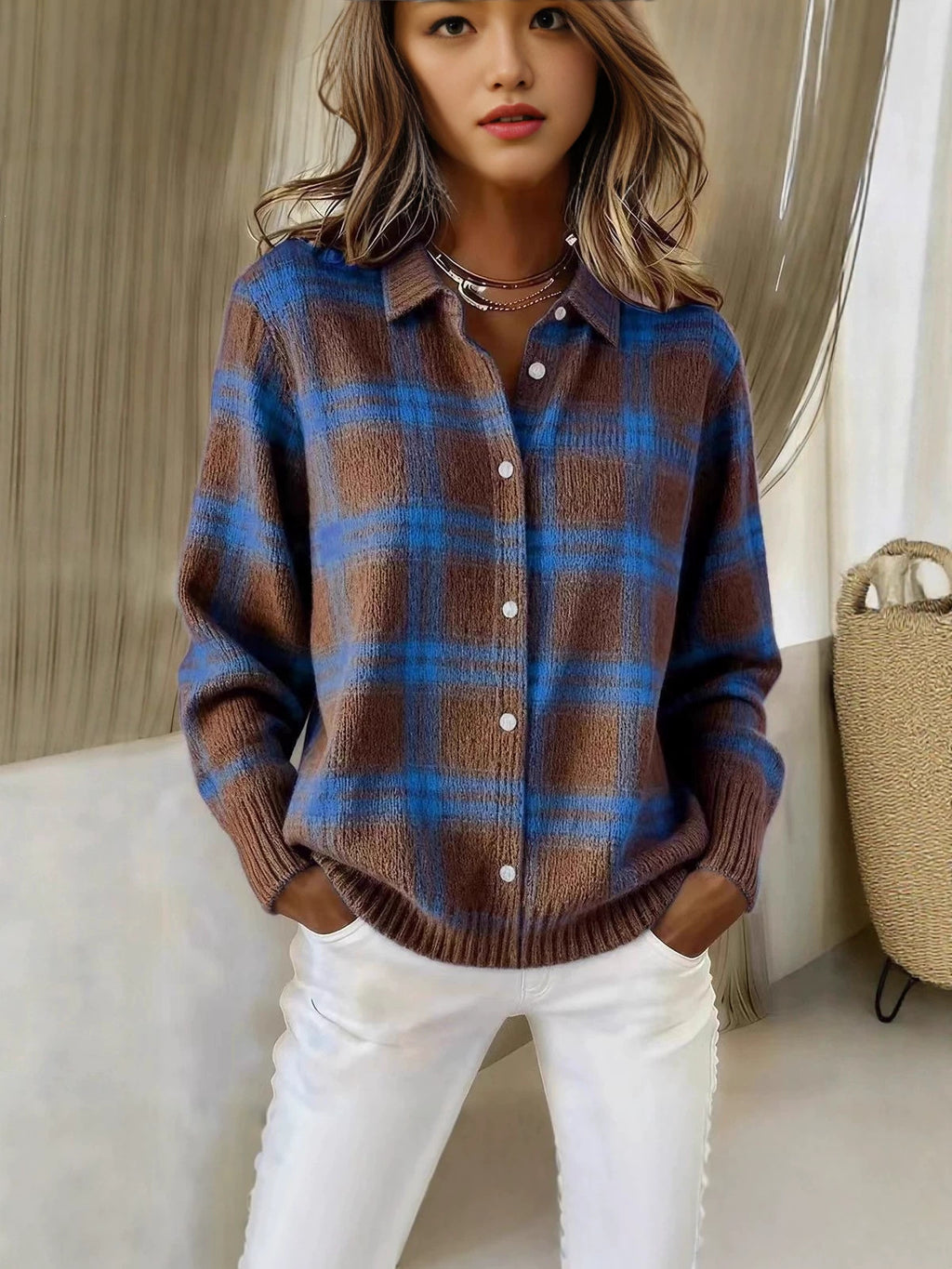 Womens Plaid Long Sleeve Cardigan
