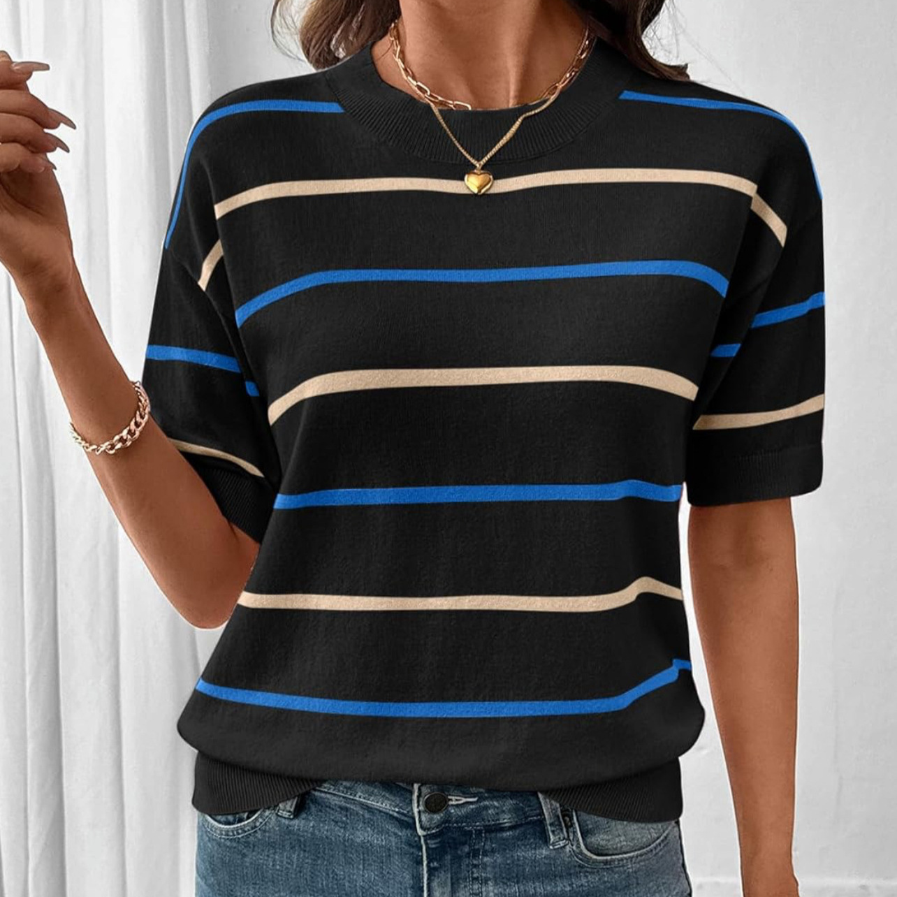 Striped Color Block Knit Top for Women
