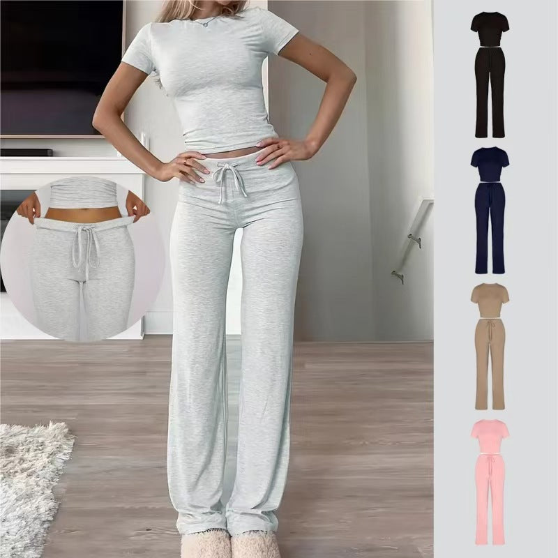 Women Solid Color Casual Long Pants and Short Sleeve Top Two Piece Set